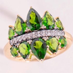 Chrome Diopside Ring with Champagne Diamond and Smoky Quartz